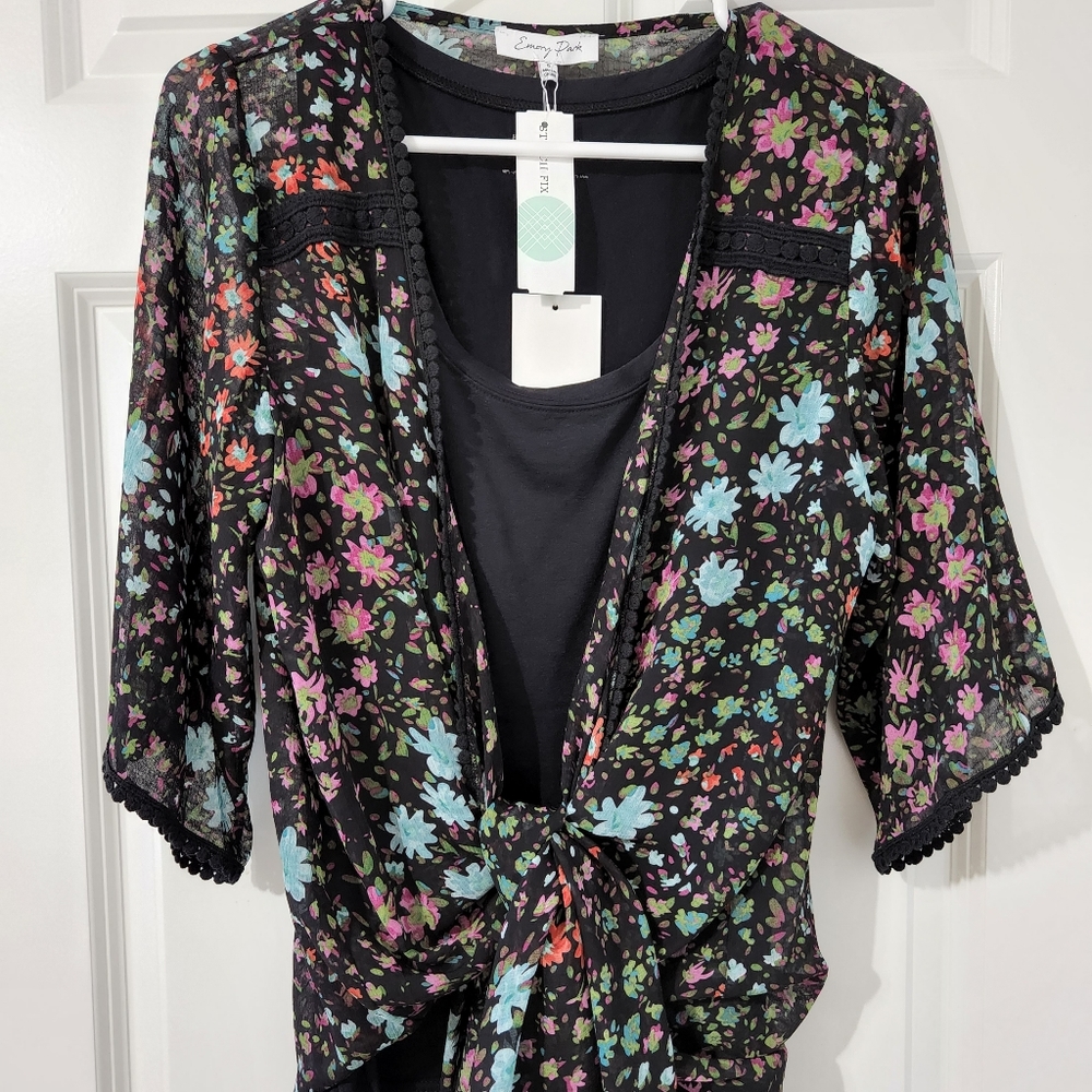 Emory Park Landy Crochet Trim Floral Kimono NWT Small